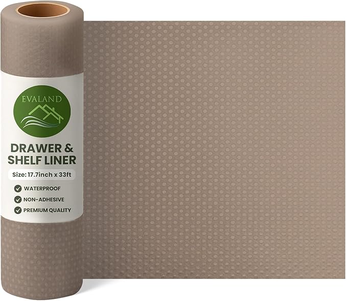 EVALAND Shelf Liners for Kitchen Cabinets Non-Adhesive 17.7" x 33 FT Beige Drawer Liner Non Slip, Washable Cabinet Liner, Waterproof Shelf Liners for Cabinets, Refrigerator Bathroom Pantry Cabinet Mat