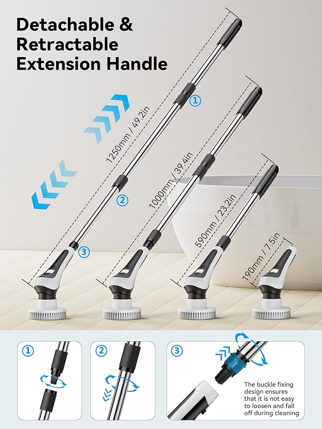 Electric Spin Scrubber,Cordless Cleaning Brush with Power Display Screen,IP68 Waterproof Shower Cleaning Brush with 8 Replaceable Brush Heads,Adjustable & Detachable Handle and 2 Adjustable Speeds