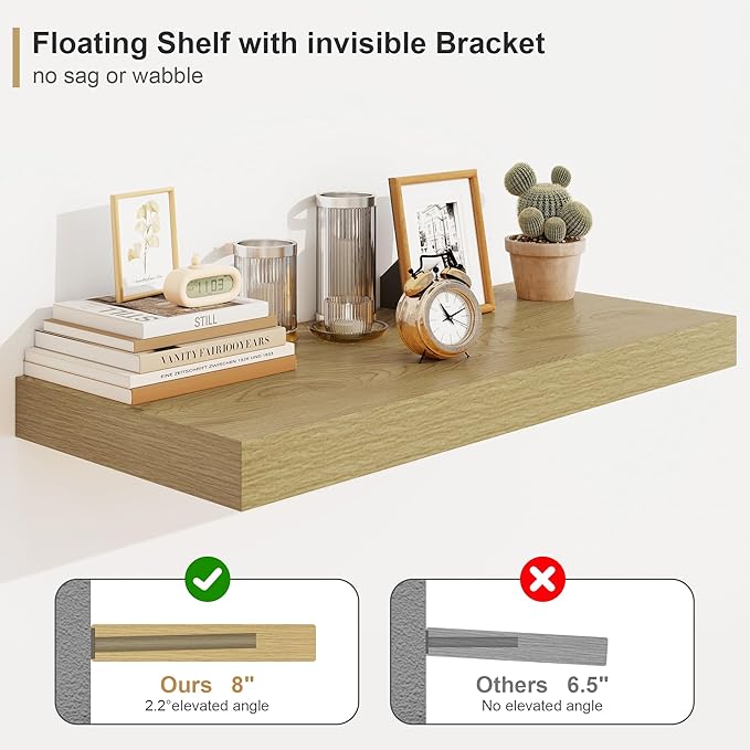 Heimlove Oak Bathroom Shelves Floating Shelves for Wall Shelf Over Toilet Long Mounted Modern Farmhouse,48 x 12 Shelves with Invisible Brackets for Living Room, Kitchen, Bedroom