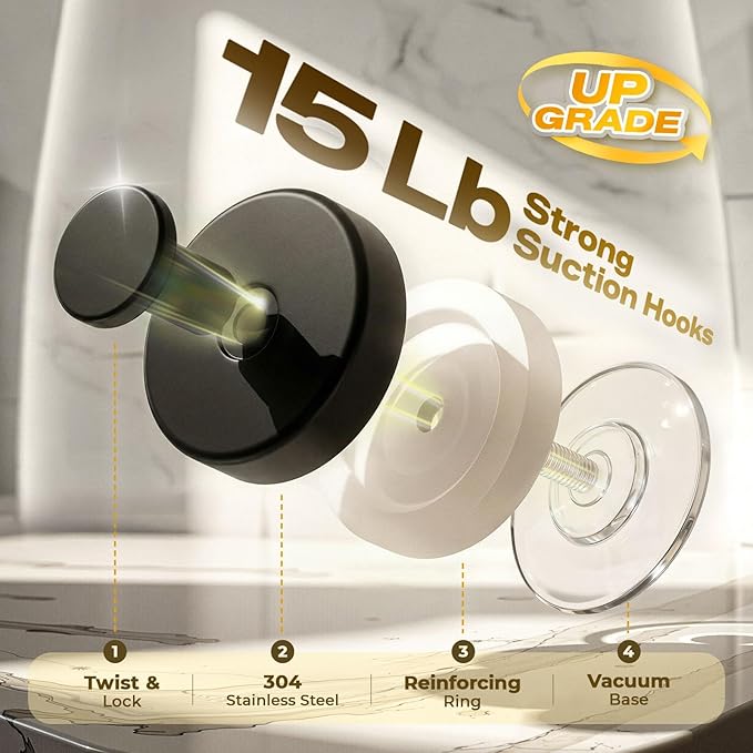 Upgraded Suction Cup Hooks for Shower, Heavy Duty Removable Towel Hooks for Bathroom Glass Door Wall, Stainless Steel Shower Hooks for Towel & Loofah (4 Pack, Black)