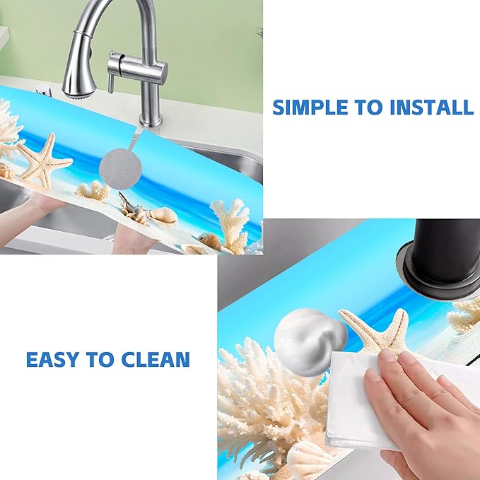 Tropical Beach Seashells Kitchen Sink Splash Guard Absorbent Fast Drying Mat Faucet Draining Mat Behind Faucet Drip Catcher for Kitchen Bathroom 5.5"24"