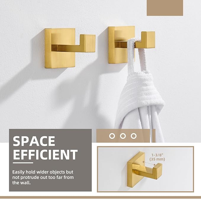 Angle Simple Towel Hook Brassy Gold 2 Pack, 304 Stainless Steel Square Robe Hook for Bathroom