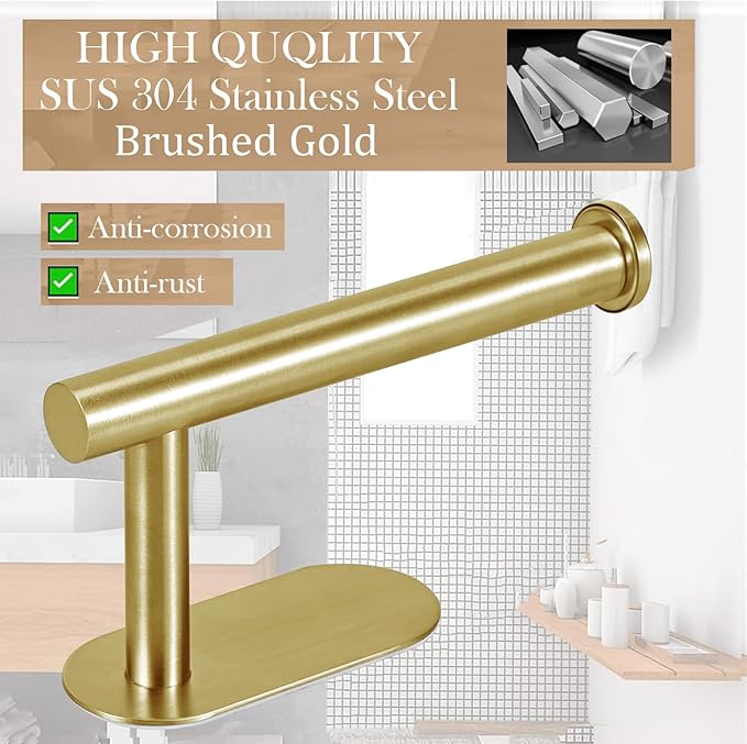 Toilet Paper Holder - Self Adhesive Toilet Paper Holder Wall Mount for Bathroom, SUS 304 Stainless Steel Command Strip Toilet Paper Roll Holder Stick On Wall, No Drilling - Brushed Gold
