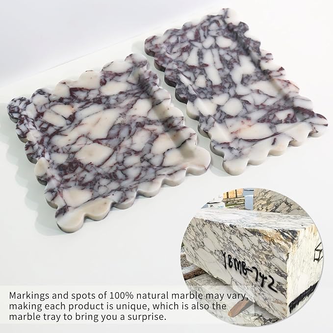 Natural 100% Marble Vanity Tray Luxury Scalloped Marble Storage Square Rectangle Tray for Home Decor Stone Tray for Bathroom Kitchen Candle Key (Square-9.8 * 9.8-Calacatta Viola)