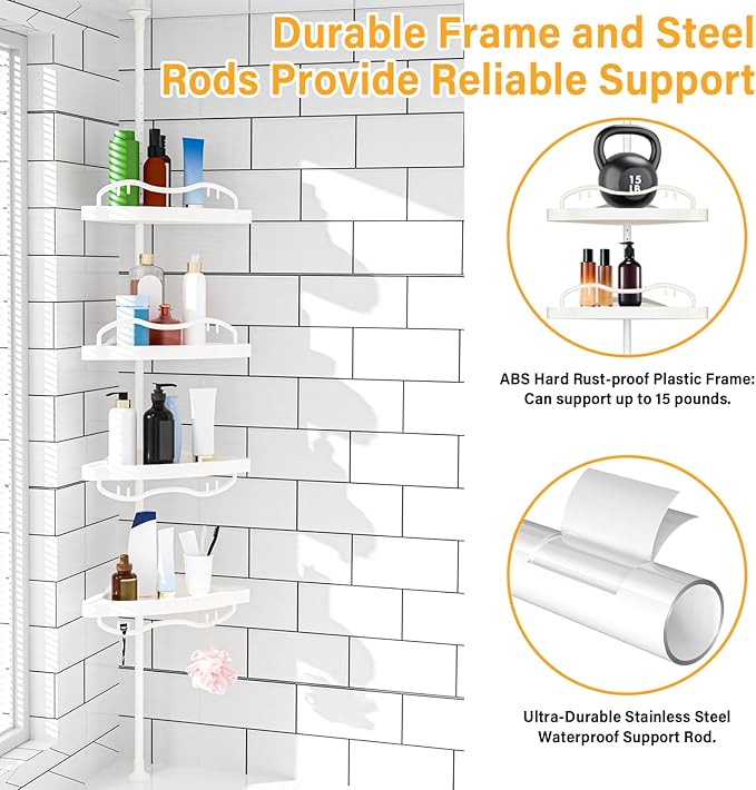 White Corner Shower Racks for Inside Shower - Heavy Duty Rustproof Stainless Steel Stand Shower Organizer with 4 Adjustable Shelves,No-Drill Free Standing for Bathroom, Bathtub,54" to 114" Tall