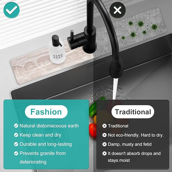 Large Stone Faucet Mat for Kitchen Sink Water Catcher Diatomite Quick Dry Stone Mat Kitchen Sink Splash Guard Protectors Water Absorbing Tray Absorbent Faucet Mats for Bathroom Counter Accessories