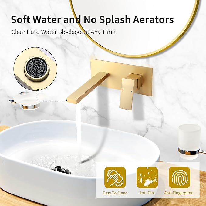 Wall Bathroom Faucet,Solid Brass Wall Mounted Single Handle Sink Tap,Modern Bathroom Wall Mount Faucet with Rough in Valve,Brushed Gold