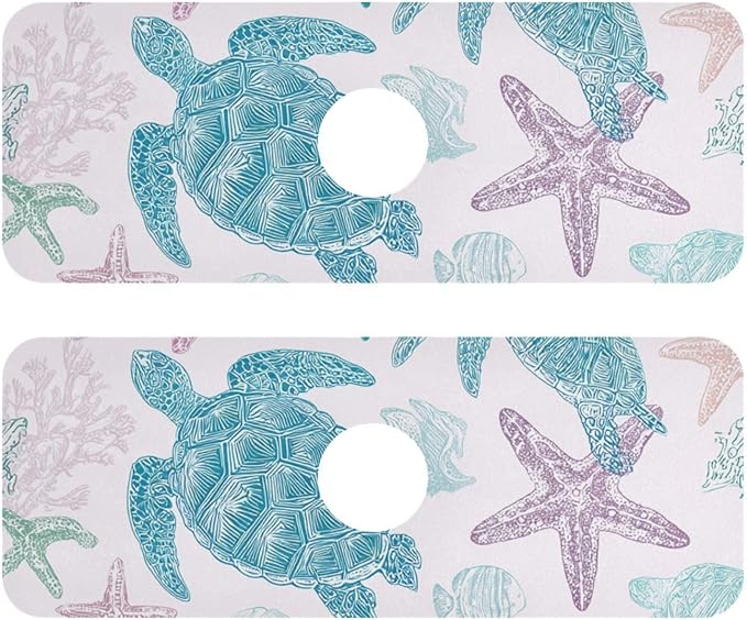 White Turtles Starfish Shell Coral Kitchen Sink Splash Guard Faucet Mat Diatomite Absorbent Pad for Bathroom RV 30x5.4in 2PCS water