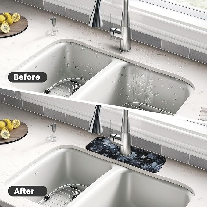 Faucet Draining Mat For Kitchen Sink, Stylized Gray Chrysanthemum Flowers Diatom Mud Absorbent Drain Pad For Bathroom Kitchen Sink Splash Guard Drying Mat