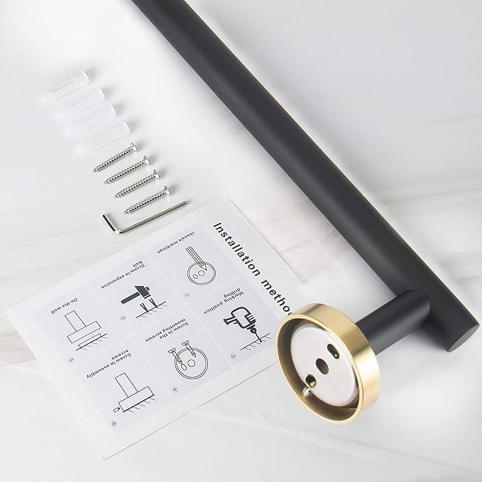 NearMoon Bath Towel Bar, Thicken Stainless Steel Shower Towel Rack Holder Wall Mounted for Bathroom,16-lnch Overall Length-13-lnch Usable Hanging Space (1 Pack, Matte Black & Gold)