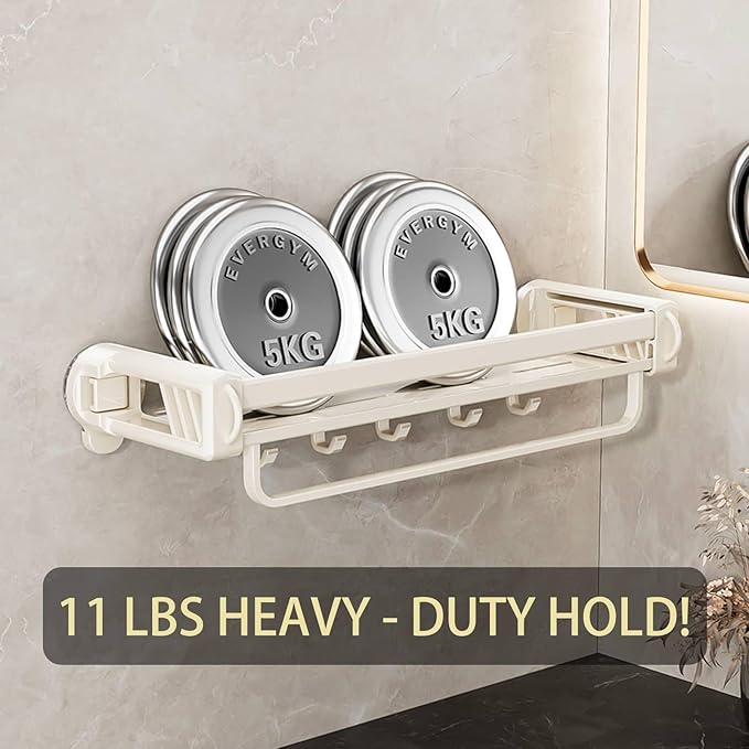 16" Shower Caddy Suction Cup, Concealed Shower Shelves Suction Cup with Hooks & Towel Bar, NO-Drilling Suction Shelf for Bathroom & Kitchen - White