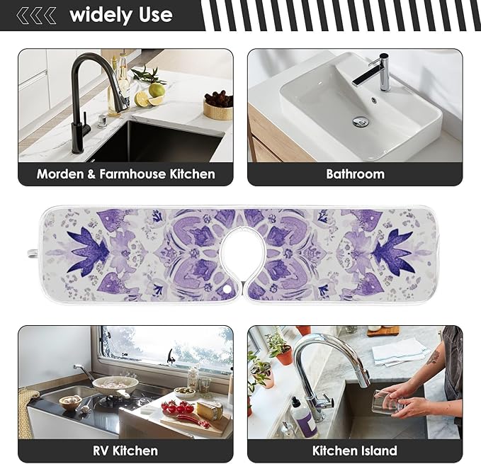 Sink Faucet Absorbing Mat Kitchen Sink Splash Guard Splash Faucet Drip Catcher for Bar RV Bathroom 2PCS 30x5.5in Lavender Flowers Teal Mandala Purple