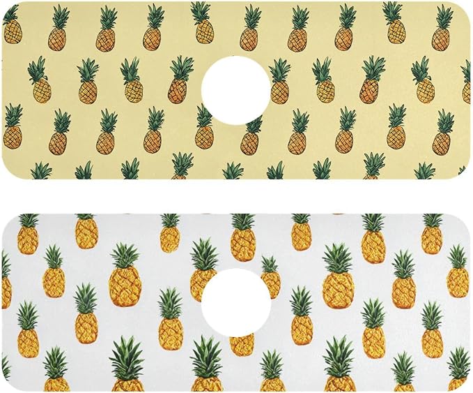 Light Yellow Pineapple White Kitchen Sink Splash Guard Sink Faucet Mat Faucet Handle Drip Catcher Drain Mats for Kitchen Bathroom Countertop Absorbent Dish Drying Pad 2Pack 14.7x5.4
