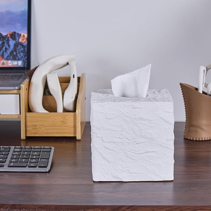 Natural Rock Textures Tissue Box Cover Square for Home Decor, Wild Raw Rocks Resin Heavy Cube Tissue Box Holder for Bathroom Countertop, Tabletop, Night Stand, Office Desk (White)