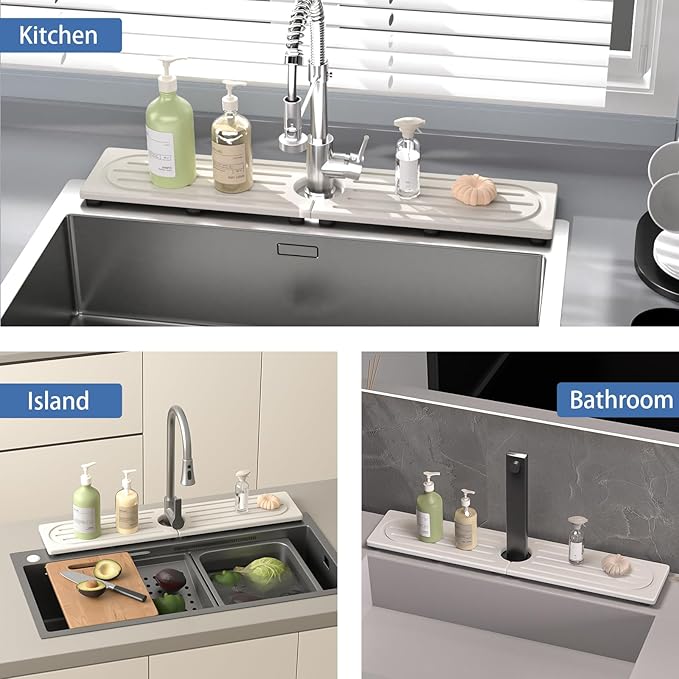 Kitchen Faucet Mat, Quick Drying Diatomite Sink Faucet Mat Splash Guard for Kitchen, Water Absorbing Stone Tray for Sink, Absorbent Stone Drying Tray for Bathroom Counter