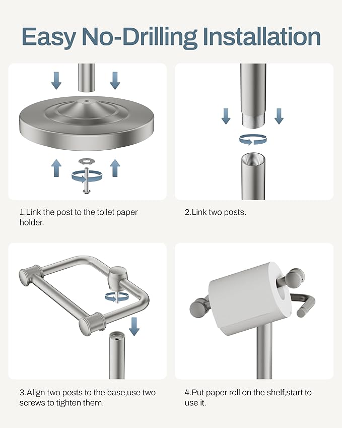Freestanding Toilet Paper Holder, Double Post Pivoting 22" Height Toilet Roll Holder Floorstanding Base Weighted, Stainless Steel Toilet Paper Holder Stand (Satin Nickel)