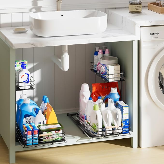 LAMU 2Pack Under Sink Organizers and Storage, 2 Tier Bathroom Kitchen Cabinet Organizers and Storage, Pull Out Under Sink Storage Kitchen Shelf Organizer for Under Counter Storage Organizer