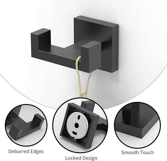 Ruacq Double Towel Hooks for Bathrooms, Heavy Duty Stainless Steel Square Bathroom Hooks, Wall Mounted Towel Hanger for Robe & Coat, Ideal for Kitchen, Bedroom, and Hotel Use(Matte Black)