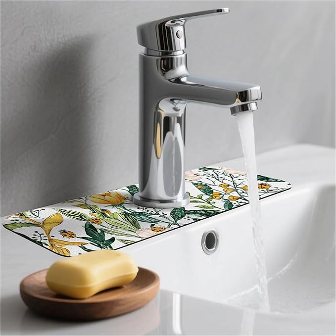 Kitchen Sink Splash Guard，Plants flowers ladybugs Faucet Mat Sink Gadgets-Super Absorbent Fast Drying Mat Drip Catcher for Kitchen, Bathroom,Sink Mat, Dish Drying Mat, Bathroom(15" X 5.5" )