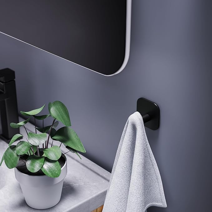 Self Adhesive Hooks - 4 Pack Heavy Duty Wall Hooks no Damage, Sticky Hook for Hanging Coat/Robe/Towel, Stick on Kitchen/Bathroom/Shower (Matte Black, Stainless Steel)