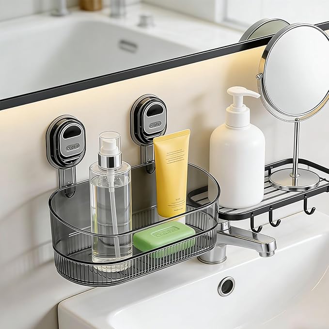 No-Drill Bathroom Suction Cup Storage Shelf - Waterproof Large Capacity Organizer Rack with Strong Suction & Easy Installation for Shower, Toilet, Vanity, Countertop (Gray)