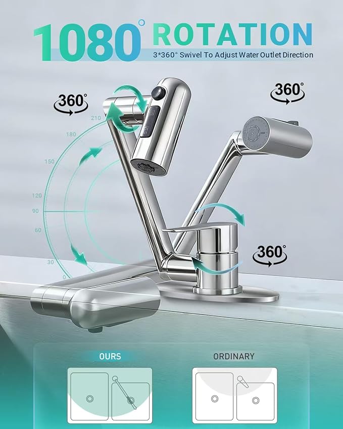 Single Handle Bathroom Faucet, 1080° Swivel Rotatable Faucet with 6'' Deck Plate, Short Bath Sink Faucets for Kitchen Rv Bath Lavatory Sink 1 or 3 Hole, Chrome