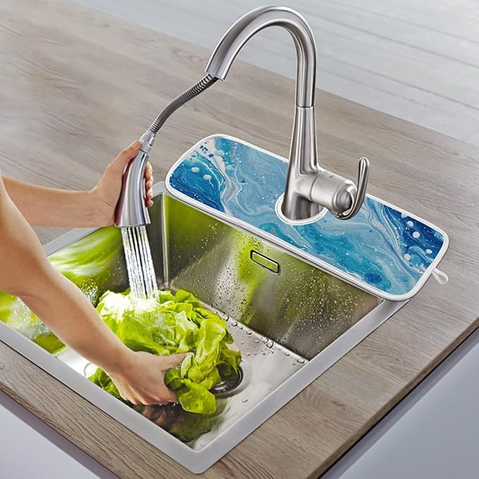 2 PCS Kitchen Sink Splash Guard 30 Inch Faucet Mat for Kitchen Sink Bathroom Sink Faucet Absorbing Drip Drain Mat Pad Microfiber Soft Washable Blue Fluid