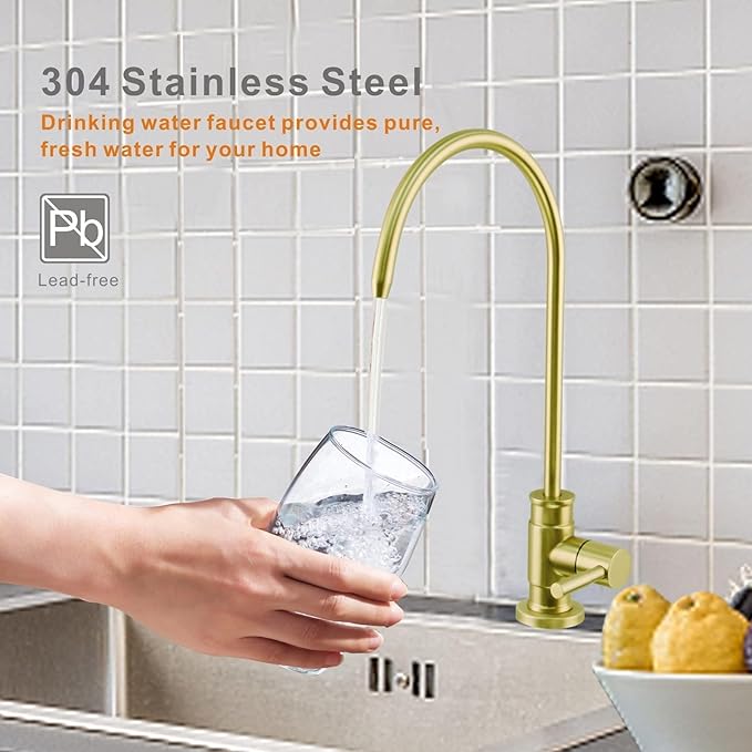 Drinking Water Faucet Brushed Gold, Wellup Reverse Osmosis Faucet for Non Air Gap RO Water Filtration System, Leadless Stainless Steel Kitchen Water Filter RO Faucets for Kitchen Bar Sink