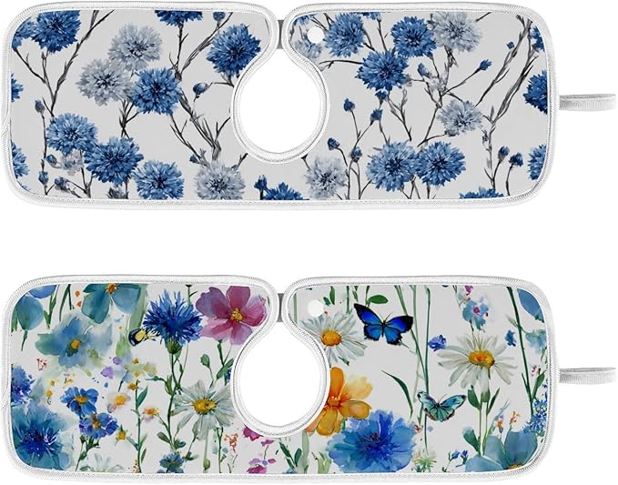 2 PCS Kitchen Sink Splash Guard 14.9 Inch Faucet Mat for Kitchen Sink Bathroom Sink Faucet Absorbing Drip Drain Mat Pad Microfiber Soft Washable Watercolor Blue Cornflower Daisy Butterflies