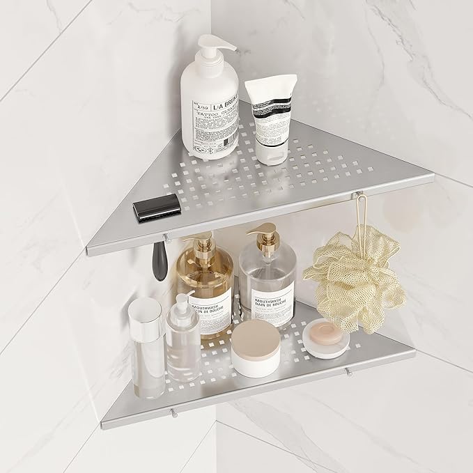 10" Bathroom Corner Shelf, 2 Pack Recessed Shower Shelf Caddy, SUS304 Stainless Steel Shelf Wall Mount Triangular, No Drilling Brushed Nickel