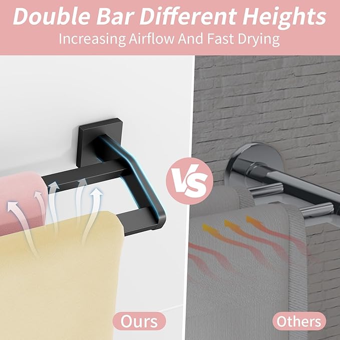 Double Towel Bar 32 Inch, Heavy Duty Stainless Steel Double Towel Racks for Bathroom Wall Mounted, Space Saving Bathroom Towel Holder Rod, Matte Black