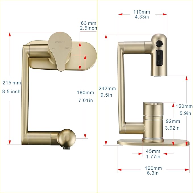 Bropury Rotatable Bathroom Faucets，Single Hole Golden Bathroom Faucet 1 Hole or 3 Hole，Lavatory Basin Vanity Faucet for RV Caravan Marine Boat Yacht(Brushed Gold) (Brushed Gold)