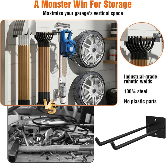 14 Inches Extra Large Garage Hooks, 4 Pack Heavy Duty Tool Organizer Wall Mount Hangers, Long Utility Storage Hooks for Car Tires, Chairs, Ladders, Ropes, Garden Tools, Power Tools