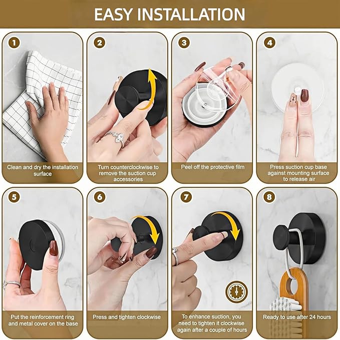 WZW&CLC Suction Cup Hooks for Shower, Stainless Steel Heavy Duty Hanger, Waterproof Removable Towel Hooks for Kitchen, Bathroom, Mirror, Wall, Glass (4, Black)