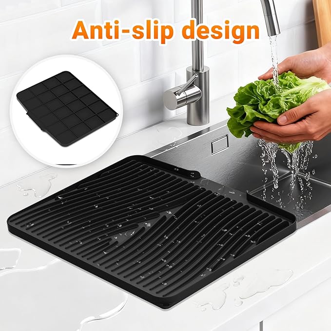 Silicone Dish Drying Mat for Kitchen Counter, 15.8" x 13"Dish Drying Pad, Non-Slip Drain Pad with Built-in Drain, Heat Resistant Stone Drying Mat, Black