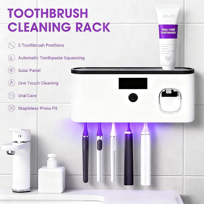 Toothbrush Sterilizer Holder Wall Mounted, USB Rechargeable Automatic Toothpaste Dispenser with 5 Brush Slots, Bathroom Organizer for Families (White)