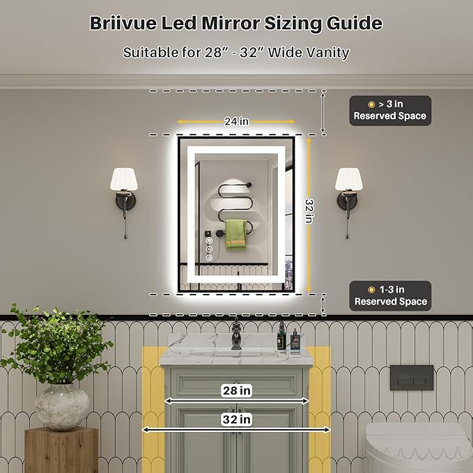 24x32 Inch LED Bathroom Mirror with Black Frame, Backlit & Front Lit, Anti-Fog Lighted Bathroom Vanity Mirror for Wall, Memory Function, Dimmable, HD Tempered Glass, Shatter-Proof
