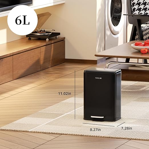 Bathroom 1.6 Gallon (6L) Trash Can - Stainless Steel Garbage Cans with Foot Pedal, Recycling Bin with Lid for Office Bedroom Livingroom (Black)