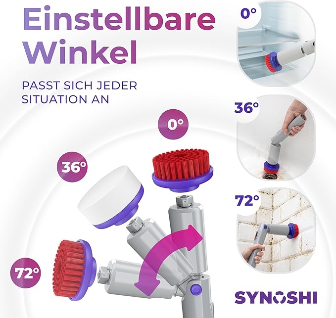 Synoshi PRO Electric Spin Scrubber Bundle – Shower Scrubber with Long Handle Extension & Cone Brush Heads – Bathroom Scrubber, Floor Scrubber & Bathtub Scrubber Electric Cleaning Tool