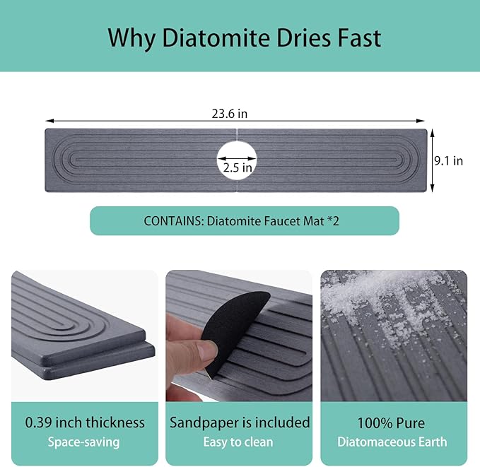 23.6 Inch Dark Gray Diatomite Faucet Mat, Super Absorbent Stone Tray Fast-Drying Sink Mat, Quick Dry Kitchen Splash Guard for Kitchen Sink/Bathroom Counter
