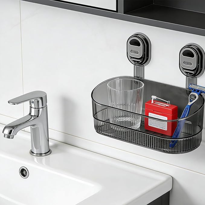 No-Drill Bathroom Suction Cup Storage Shelf - Waterproof Large Capacity Organizer Rack with Strong Suction & Easy Installation for Shower, Toilet, Vanity, Countertop (Gray)