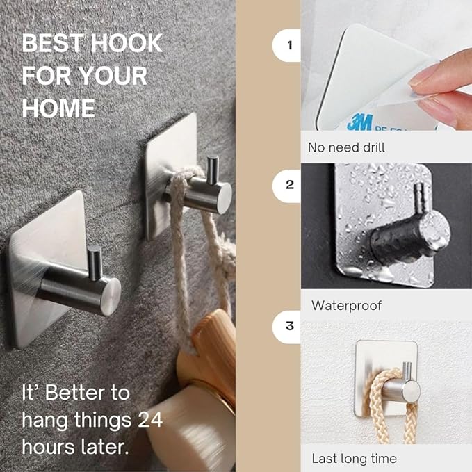 Miliocry 6 Packs Bathroom Towel Hooks, Adhesive Hooks Heavy Duty Wall Hook, Waterproof Stainless Steel Towel Hanger Robe Hat Coat Holder, Wall Mount Hooks for Bathroom,Bedroom,Kitchen(Silver-Square)