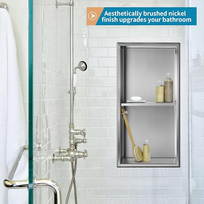 12"×24" Shower Niche with Divider, Brushed Stainless Steel Bathroom Shelf Insert, Double Recessed Shower Caddy Fits for 10-7/8" x 22-7/8" Wall Hole Installation (Nickel)