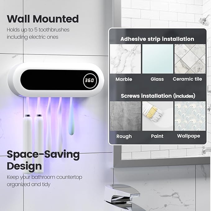 MIMORE Toothbrush Holder, 5 Toothbrush Slots & Timer Function, Cordless Wall Mounted Toothbrush Holders for Bathrooms