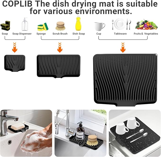 Silicone Dish Drying Mat for Kitchen Counter, Dish Drying Pad, Non-Slip Drain Pad with Built-in Drain, Heat Resistant Stone Drying Mat, Black-1Set