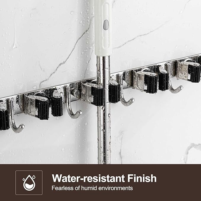 2 Pack Broom Holder Wall Mount, Stainless Steel Broom Hanger Wall Mount, Heavy Duty Mop and Broom Holder Tool Racks Utility Hooks for Laundry Room Garden Garage, Black (5 Racks and 4 Hooks)