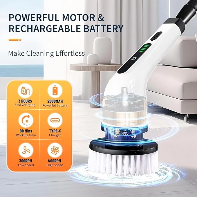 Electric Rotating Floor Scrubber Rechargeable Cleaning Brush Scrubber for Home, 3 Adjustable Size,2 Adjustable Speeds for Bathroom Shower Bathtub Car, (Blue) Cleaning Brush