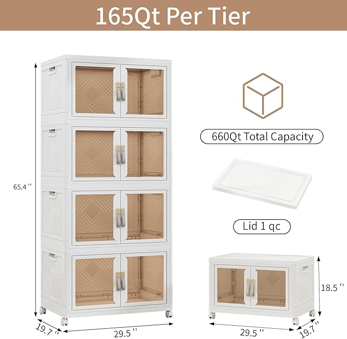 Large Stackable Storage Bins with Lids, 660QT-165QT*4Tier Foldable Cabinet for Closet Organizers, Plastic Storage Containers Box with Wheels