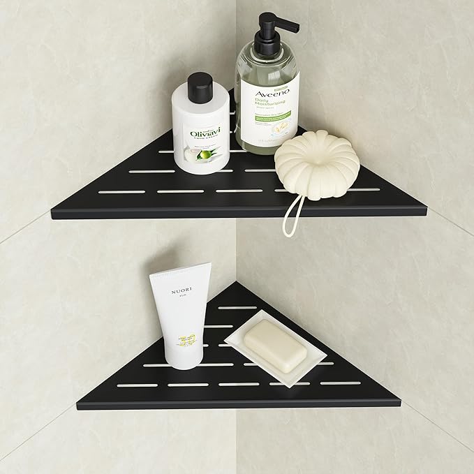 Neodrain 10 in Matte Black Corner Wall Shelf Set of 2, Floating Corner Shelves for Wall, 304 Stainless Steel Shower Storage Shelves for Bathroom, No Drilling