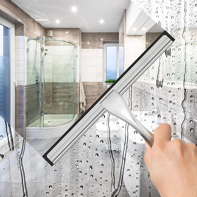 Stainless Steel Shower Squeegee with an Adhesive Hook, 10 Inch Bathroom Glass Door Cleaner, Multi-Purpose Window, Mirror, Tile, and Car Cleaning Tool – Silver